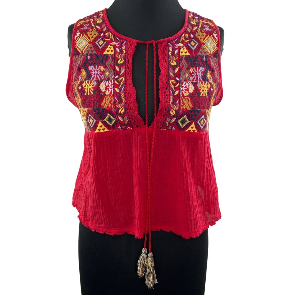 FREE PEOPLE Lohri Red Embroidered Tie Keyhole Neck Tassel Boho Tank Top Size XS